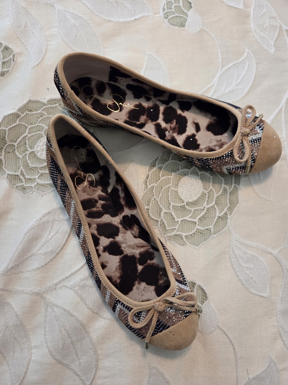 Jessica Simpson Plaid Ballet Flats with Leopard Insole - Tan Black